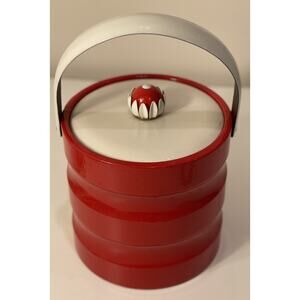 Red & White Curvy Mid Century Modern Ice Bucket Faux Patent Leather Daisy Knob